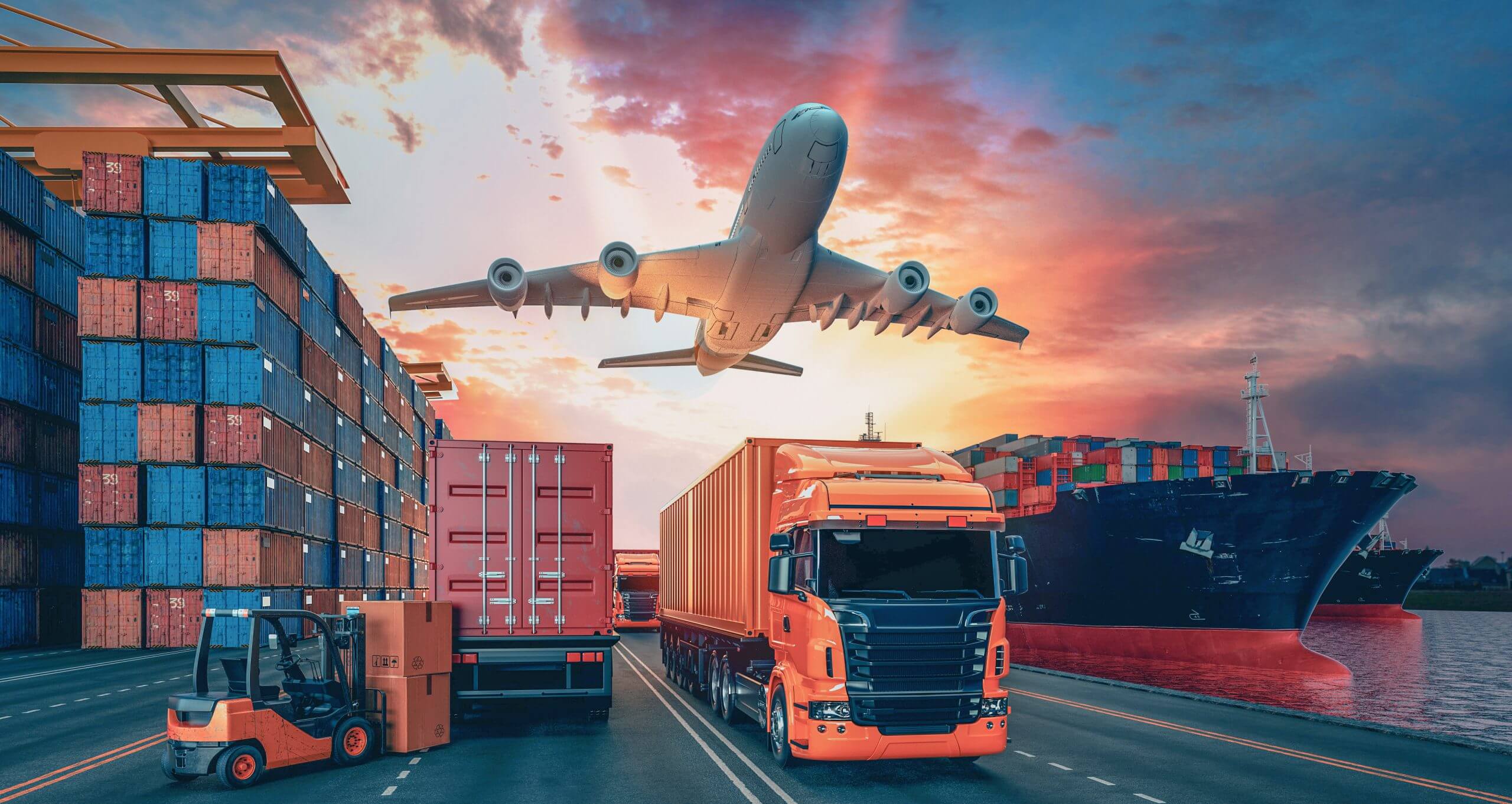 Air, sea and road freight at a busy container port
