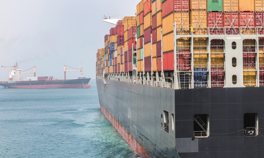 Container ship alongside a port terminal